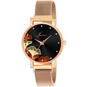 Jainx Rose Gold Mesh Strap Black Dial Wrist Watch For Women - JW8619
