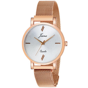 Jainx Silver Dial Rose Gold Mesh Magnet Chain Analog Watch - for Women