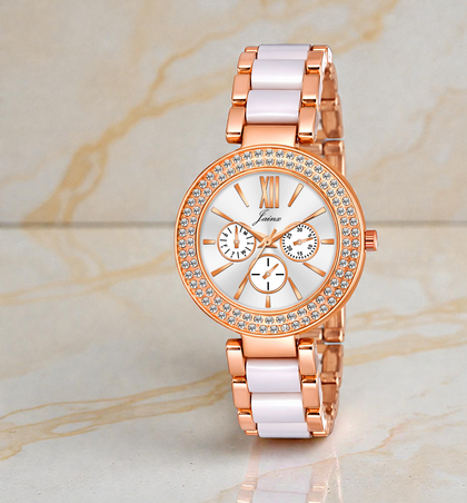 Jainx Rose Gold Bracelet Style Analog White Wrist Watch for Women - JW8645