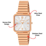 Jainx Bracelet Style Square Dial Rose Gold Steel Chain Analog Wrist Watch for Women - JW8649