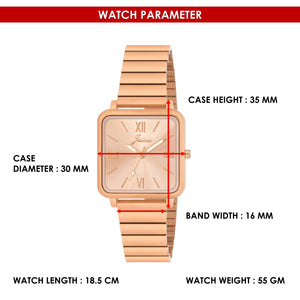 Jainx Bracelet Style Square Dial Rose Gold Steel Chain Analog Wrist Watch for Women - JW8650