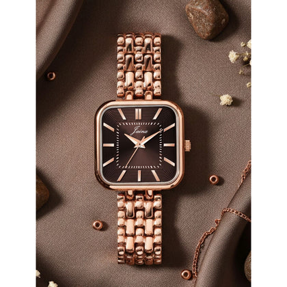 Jainx rose gold bracelet watch for women with dark brown square dial