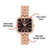 Jainx rose gold bracelet watch for women with dark brown square dial
