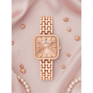 Jainx rose gold bracelet watch for women with square dial on pink satin background