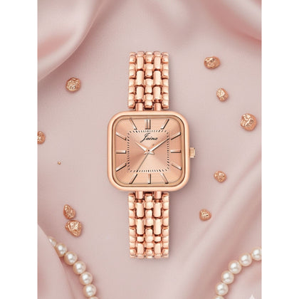 Jainx rose gold bracelet watch for women with square dial on pink satin background