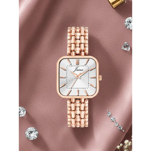 Silver square dial bracelet watch for women with rose gold strap