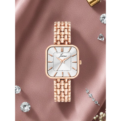 Silver square dial bracelet watch for women with rose gold strap