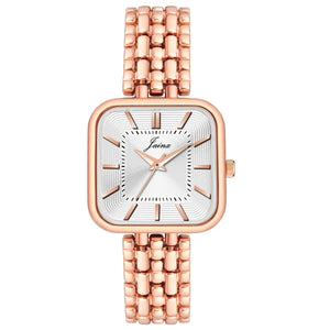 Women's silver square dial analog watch with rose gold metal strap