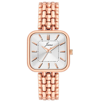 Women's silver square dial analog watch with rose gold metal strap