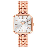 Women's silver square dial analog watch with rose gold metal strap