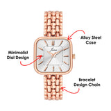 Women's bracelet watch with silver square dial and feature highlights