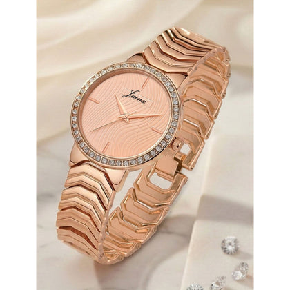 Rose gold textured dial bracelet watch for women with crystal bezel