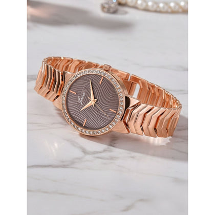 Jainx rose gold bracelet style analog watch for women with brown texture dial