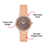 Rose gold women’s analog watch with metal bracelet strap details