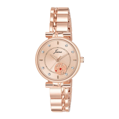 Rose gold ladies wrist watch with crystal dial accents and chain strap