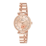 Rose gold ladies wrist watch with crystal dial accents and chain strap
