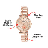 Jainx rose gold women watch with bracelet strap and quartz movement details