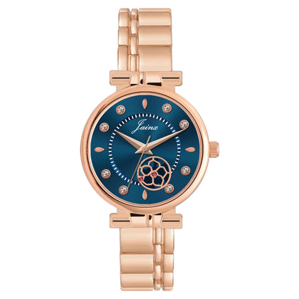 Jainx blue dial rose gold analog watch for women with metal strap