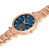 Side view of rose gold bracelet style watch for women with blue dial