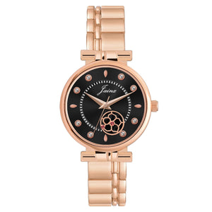 Jainx black dial analog watch for women with rose gold metal strap