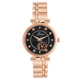 Jainx black dial analog watch for women with rose gold metal strap