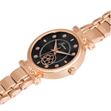 Side view of black dial rose gold bracelet watch for women
