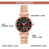 Black colour ladies watch with rose gold chain strap and quartz movement