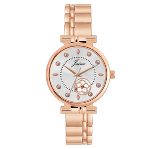 Jainx silver dial analog watch for women with rose gold metal strap
