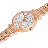 Side view of rose gold chain strap ladies watch with silver dial