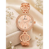 Jainx crystal studded rose gold bracelet watch for women on elegant background