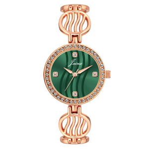 Jainx green dial rose gold crystal studded bracelet watch for women