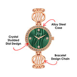 Jainx green dial rose gold crystal studded bracelet watch for women