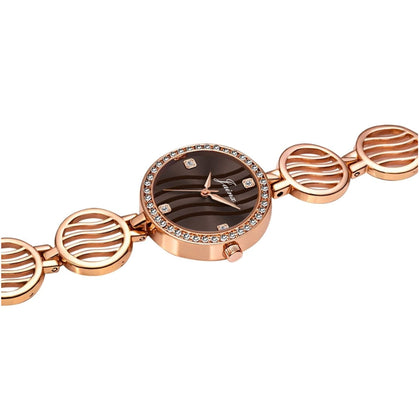 Side view of brown dial rose gold bracelet watch for women
