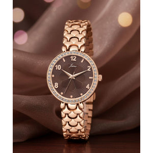Jainx JW8682 rose gold bracelet watch for women with brown textured dial and crystal bezel