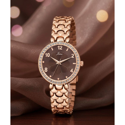 Jainx JW8682 rose gold bracelet watch for women with brown textured dial and crystal bezel