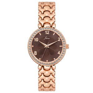 Jainx JW8682 rose gold bracelet watch for women with brown textured dial and crystal bezel