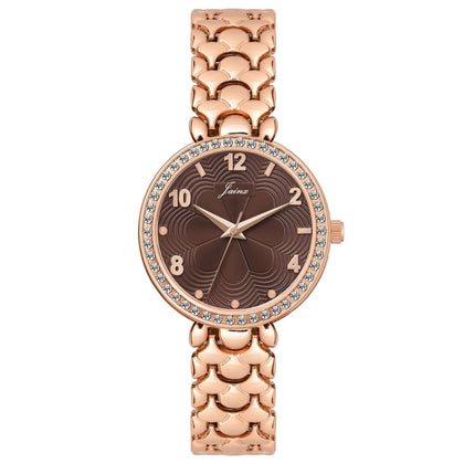Jainx JW8682 rose gold bracelet watch for women with brown textured dial and crystal bezel