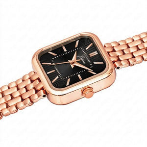 Black square dial women’s watch with rose gold bracelet metal strap