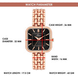 Rose gold bracelet watch for women with black dial and size details