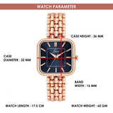 Women’s blue dial bracelet watch with case and strap size details