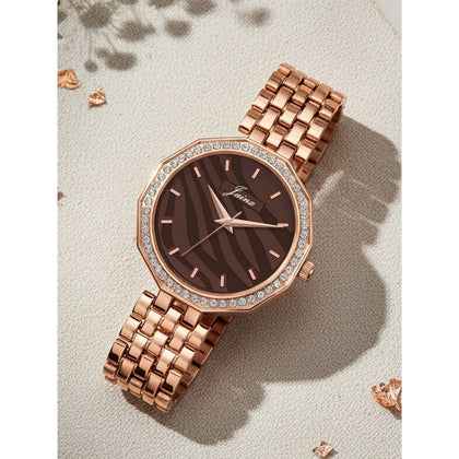 Jainx rose gold brown textured dial bracelet watch for women - JW8694
