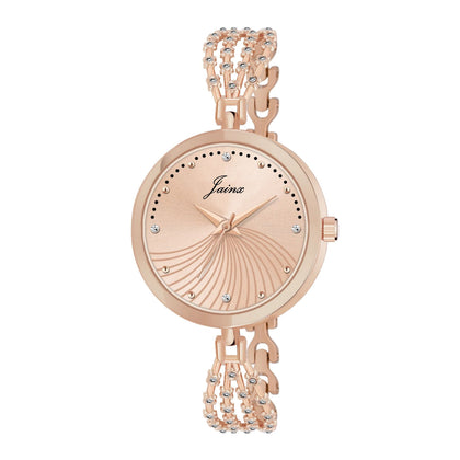 Jainx rose gold textured round dial bracelet watch for women - JW8706
