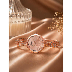 Jainx rose gold textured round dial bracelet watch for women - JW8706
