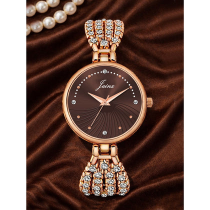 Jainx rose gold brown textured round dial bracelet watch for women - JW8707
