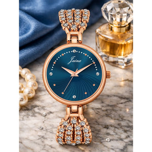Jainx rose gold blue textured round dial bracelet watch for women - JW8708
