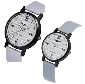 Jaxer Round Grey Dial Genuine Leather Strap Analog Watch - For Couple Jxrc2405