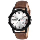 Silver Day & Date Feature Dial Brown Leather Strap Analog Watch For Men - JXRM2113