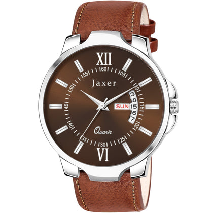 Jaxer Brown Day & Date Feature Dial Leather Strap Analog Watch - for Men JXRM2205