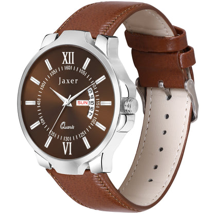 Jaxer Brown Day & Date Feature Dial Leather Strap Analog Watch - for Men JXRM2205