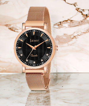 Jaxer Golden Mesh Chain With  Black Dial  Analog Wrist Watch For Women - JXRW2577